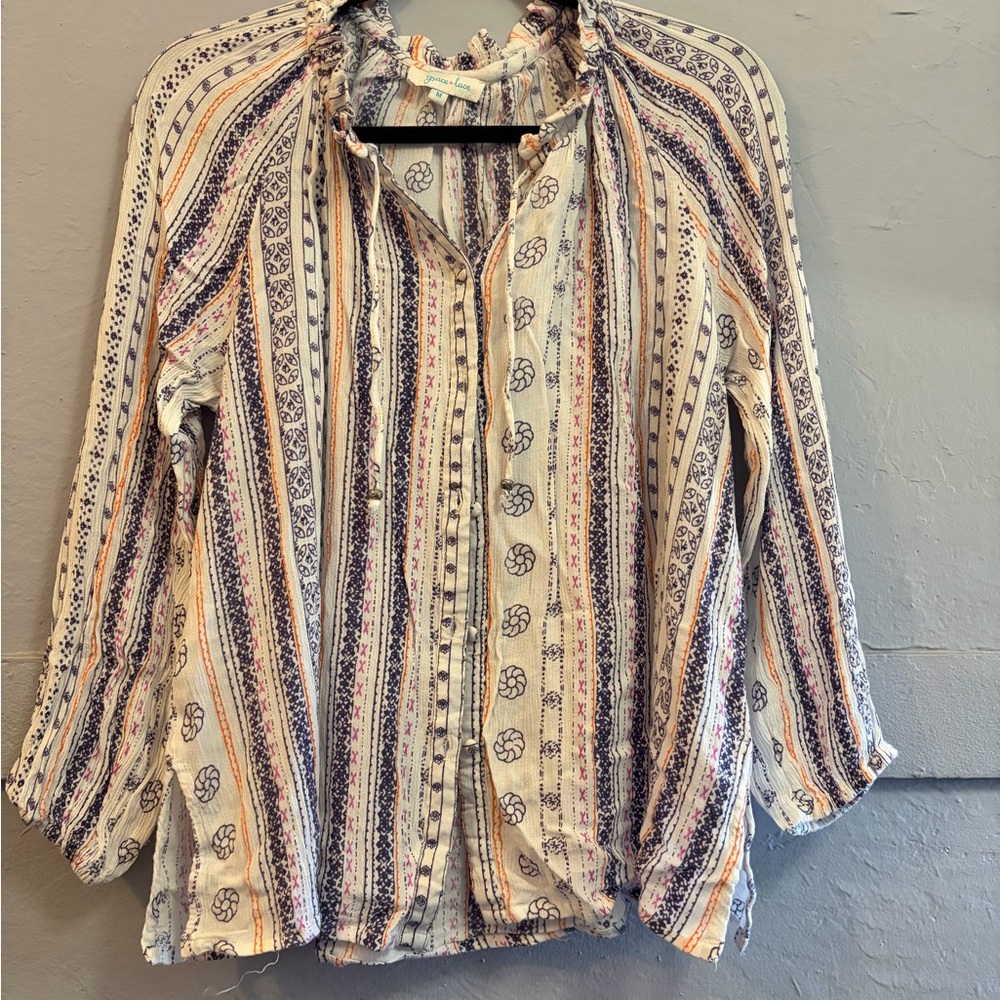 Grace & Lace Boho Striped Blouse in Blue and Cream